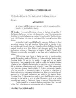 WEDNESDAY 8TH SEPTEMBER 2010 the Speaker, Rt Hon. Sir