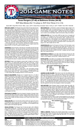 (37-46) at Baltimore Orioles (44-39) RHP Miles Mikolas (First ‘14 Outing) Vs