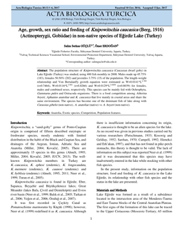 Actinopterygii, Gobiidae) in Non-Native Species of Eğirdir Lake (Turkey)