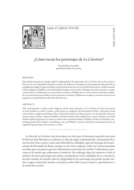 ¿Cómo Rezan Los Personajes De La Celestina? Rosalía Pérez González Jawaharlal Nehru University