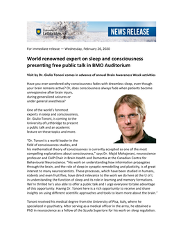 World Renowned Expert on Sleep and Consciousness Presenting Free Public Talk in BMO Auditorium