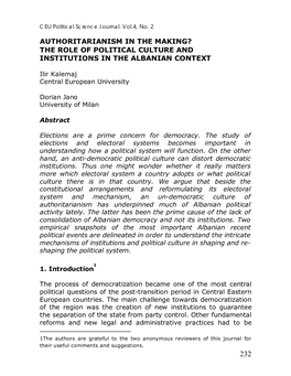 The Role of Political Culture and Institutions in the Albanian Context