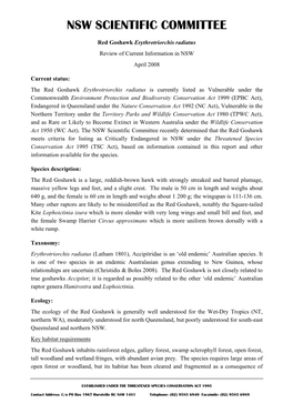 Red Goshawk Erythrotriorchis Radiatus Review of Current Information in NSW April 2008