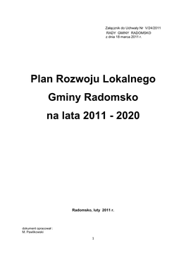 Plan Rozwoju Lokalnego Gminy Radomsko Na Lata 2011 - 2020