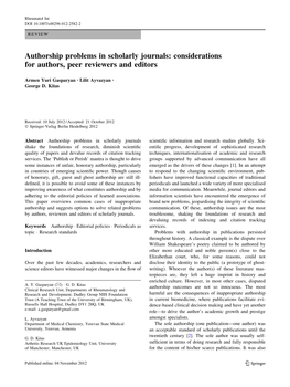 Authorship Problems in Scholarly Journals: Considerations for Authors, Peer Reviewers and Editors