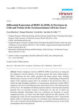 Differential Expression of HERV-K (HML-2) Proviruses in Cells and Virions of the Teratocarcinoma Cell Line Tera-1