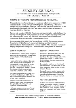 SEDGLEY JOURNAL the Occasional News-Sheet of Sedgley Local History Society WINTER 2012/13 – Number 6