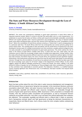 The State and Water Resources Development Through the Lens of History: a South African Case Study Water Alternatives 3(3): 521-536