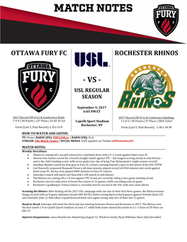 OTTAWA FURY FC Vs ROCHESTER RHINOS