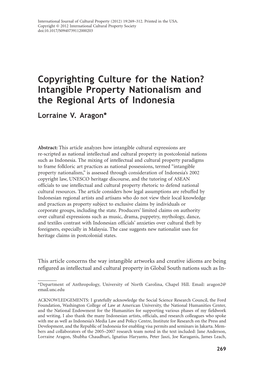 Intangible Property Nationalism and the Regional Arts of Indonesia Lorraine V