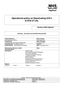 NHS Highland Operational Policy on Deactivating ICD's at End of Life