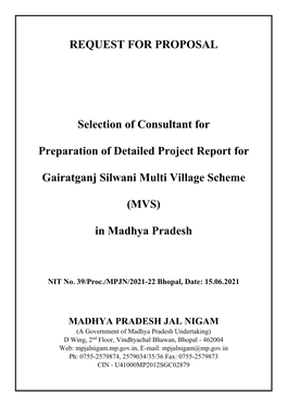REQUEST for PROPOSAL Selection of Consultant for Preparation Of