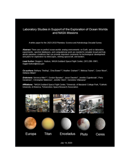 Laboratory Studies in Support of the Exploration of Ocean Worlds and NASA Missions