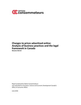 Changes to Prices Advertised Online: Analysis of Business Practices and the Legal Framework in Canada RESEARCH REPORT