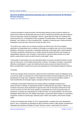 Governo Da Bahia Apresenta Propostas Para O Desenvolvimento Do Nordeste Notícias Destaque Postado Em: 06/11/2018 12:11