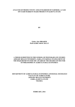 Analysis of Productivity and Livelihood of Farmers: a Case of Usaid-Markets Maize Project in Kaduna State