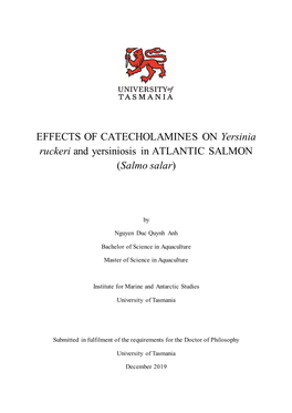 EFFECTS of CATECHOLAMINES on Yersinia Ruckeri and Yersiniosis in ATLANTIC SALMON (Salmo Salar)