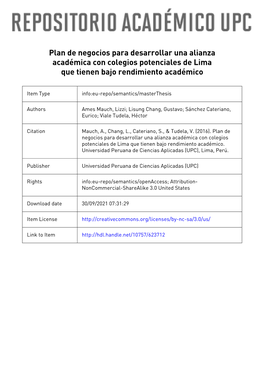 Plan De Negocios Para Desarrollar Una Alianza Académica Con Colegios Potenciales De Lima Que Tienen Bajo Rendimiento Académico