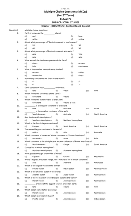 Multiple Choice Questions (Mcqs) (For 2Nd Term) CLASS: IV