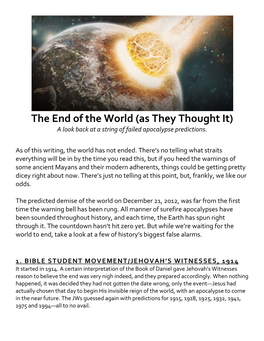 The End of the World (As They Thought It) a Look Back at a String of Failed Apocalypse Predictions