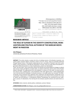 The Role of Sufism in the Identity Construction, Mobi- Lization and Political Activism of the Barelwi Move- Ment in Pakistan