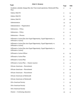 Topic Tape Side John G. Kemeny Academic Calendar Change [See Also Year-Round Operations; Dartmouth Plan, The] 2 a Adams, Ruth M