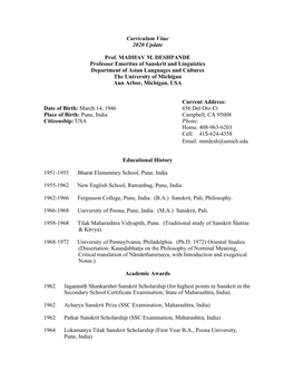 Curriculum Vitae 2020 Update Prof. MADHAV M. DESHPANDE