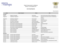 Opera Europa Autumn Conference Parma, 12-15 October 2017 List of Participants