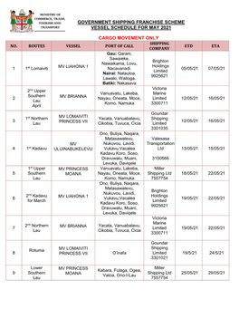Government Shipping Franchise Scheme Vessel Schedule for May 2021