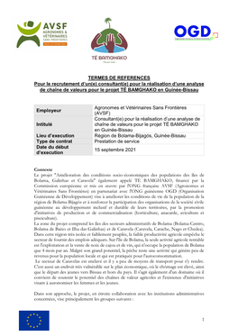 Consultant(E) Pour La Réalisation D’Une Analyse De Chaîne De Valeurs Pour Le Projet TÉ BAMGHAKO En Guinée-Bissau