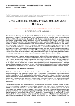 Cross-Communal Sporting Projects and Inter-Group Relations Written by Christopher Rickard