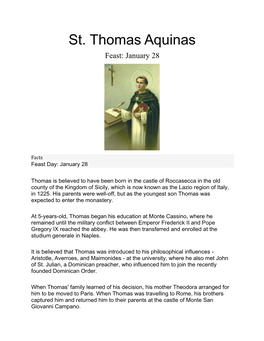 St. Thomas Aquinas Feast: January 28