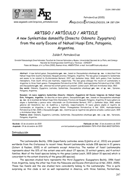 ARTIGO / ARTÍCULO / ARTICLE a New Synlestidae Damselfly (Insecta: Odonata: Zygoptera) from the Early Eocene of Nahuel Huapi Este, Patagonia, Argentina