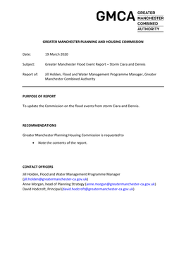 19 March 2020 Subject: Greater Manchester Flood Event Report