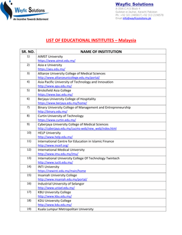 LIST of EDUCATIONAL INSTITUTES – Malaysia