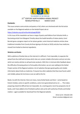 21 CENTURY NORTHUMBRIA HERBAL PROJECT NEWSLETTER No.4 MARCH 2019 Contents