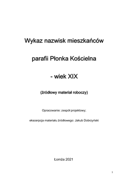 Wykaz Nazwisk Mieszkańców Parafii Płonka Kościelna