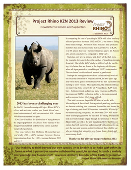 Project Rhino KZN 2013 Review Newsletter to Donors and Supporters