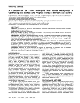 A Comparision of Tablet Nifedipine with Tablet Methyldopa in Controlling Mild to Moderate Pregnancy Induced Hypertension (PIH)