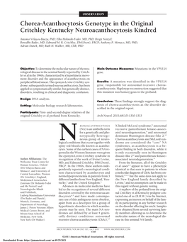 Chorea-Acanthocytosis Genotype in the Original Critchley Kentucky Neuroacanthocytosis Kindred