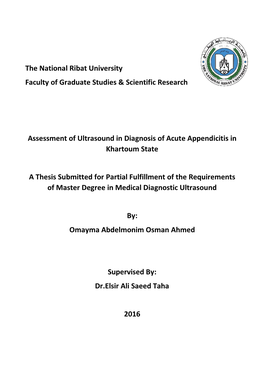 The National Ribat University Faculty of Graduate Studies & Scientific Research Assessment of Ultrasound in Diagnosis of Ac