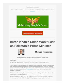 Imran Khan's Shine Won't Last As Pakistan's Prime Minister