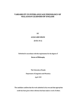 Variability in Interlanguage Phonology of Malaysian Learners of English