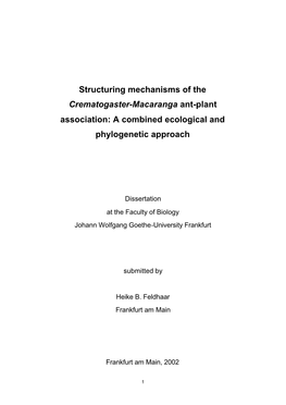 Structuring Mechanisms of the Crematogaster-Macaranga Ant-Plant Association: a Combined Ecological and Phylogenetic Approach