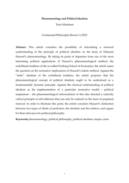 Phenomenology and Political Idealism Timo Miettinen Continental