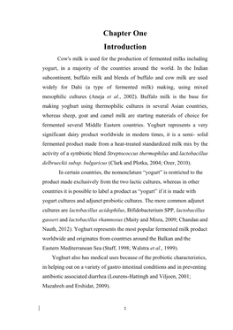 Chapter One Introduction Cow's Milk Is Used for the Production of Fermented Milks Including Yogurt, in a Majority of the Countries Around the World