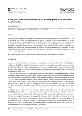 Zootaxa, a New Genus and New Species of Metalmark Moths