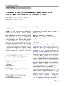 (Campanulaceae) a New Intersectional Natural Hybrid: Morphological and Molecular Evidence