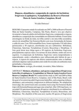 Riqueza, Abundância E Composição De Espécies De Borboletas Frugívoras (Lepidoptera, Nymphalidae) Da Reserva Florestal Mata De Santa Genebra, Campinas, Brasil