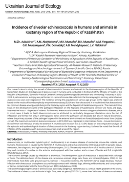 Incidence of Alveolar Echinococcosis in Humans and Animals in Kostanay Region of the Republic of Kazakhstan